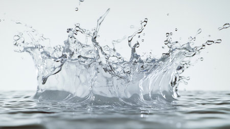 A close-up of a clean, refreshing water splash captured in mid-air against a neutral background, symbolizing purity, freshness, and hydration.の素材