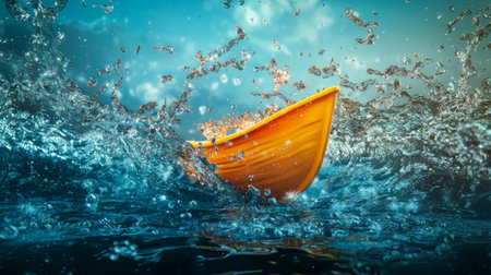 A bright orange boat makes a dramatic splash in a body of deep blue water, creating a visually striking contrast between the two colors.の素材