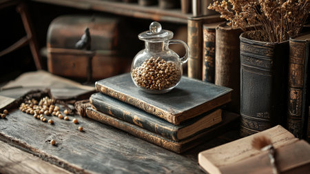 A still life scene featuring vintage books and a glass jar filled with seeds placed on a rustic wooden table, evoking a sense of nostalgia and history.の素材