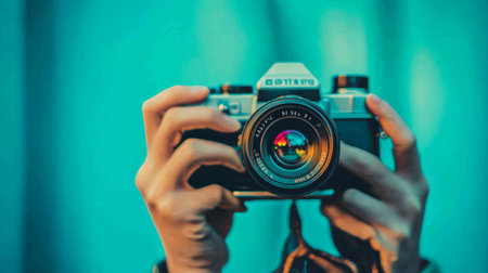 Close-up of a person holding a vintage camera with both hands, focusing on the lens, with a soft teal background, symbolizing photography and creativity.の素材