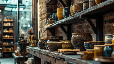 A detailed view of artisan pottery displayed on rustic wooden shelves in a shop, showcasing handmade craftsmanship and traditional ceramics.の素材