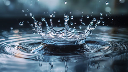 A close-up of a water splash forming a crown-like shape, captured in motion, highlighting the fluid dynamics and precision of water movement.の素材