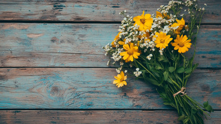 A rustic bouquet of yellow and white wildflowers resting on a weathered wooden table, evoking a sense of countryside charm and simplicity.の素材