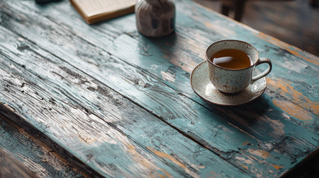 A rustic tea cup placed on a distressed wooden table with a cozy, vintage atmosphere, creating a peaceful and reflective moment.の素材