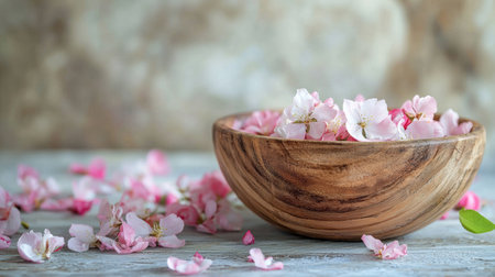 A rustic wooden bowl filled with delicate pink blossoms, surrounded by scattered petals on a light wooden surface, creating a serene and natural atmosphere.の素材