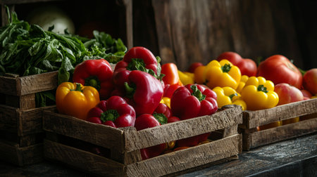 Wooden crates filled with fresh red and yellow bell peppers, displayed at a market stall alongside other vegetables, symbolizing healthy eating and organic produce.の素材