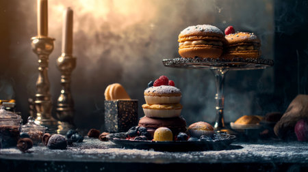 An elegant display of pastries and macarons on a decorative stand, surrounded by vintage candleholders and a smoky background, creating a sophisticated and moody atmosphere.の素材