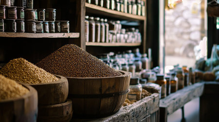 A rustic store display with large wooden baskets filled with grains and spices, surrounded by jars of various condiments and spices on shelves, evoking a traditional market scene.の素材