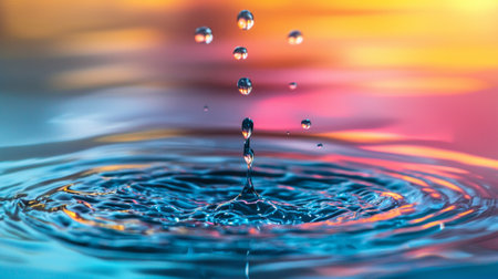 A mesmerizing image of water droplets falling into a pool, creating ripples with vibrant reflections of blue, pink, and orange colors in the water surface.の素材