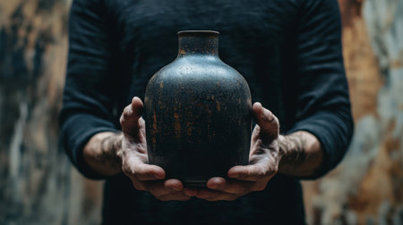 Close-up of hands holding a rustic, handcrafted ceramic vase in a dimly lit workshop, highlighting the texture and artisan craftsmanship.の素材