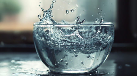 A water splash in a clear glass bowl captured in mid-motion, showcasing the dynamic energy and fluid movement of water. The clarity and lighting emphasize the sharp details of the splash.の素材