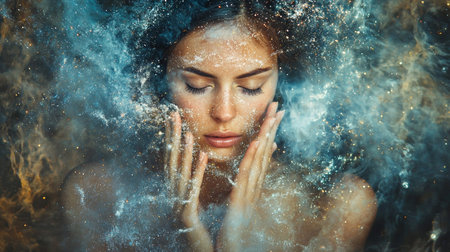 A mesmerizing portrait of a woman with her eyes closed, surrounded by ethereal blue and gold particles. The abstract elements evoke a sense of fantasy and cosmic beauty, ideal for conceptual themes.の素材