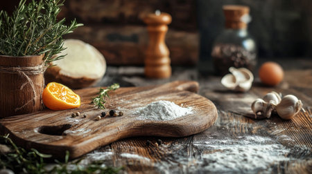 A rustic composition of baking ingredients, including flour, herbs, and spices, on a wooden table. The natural, earthy tones and organic elements create a warm, homely atmosphere perfect for food and baking themes.の素材