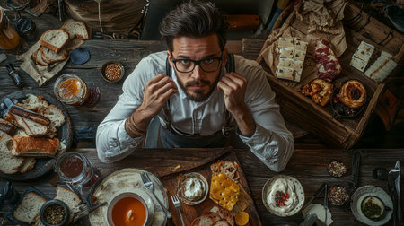 A high-angle view of a bearded man with glasses enjoying a rustic breakfast setup. The table is filled with various bread, pastries, and preserves, creating a cozy and hearty atmosphere, perfect for food and lifestyle themes.の素材