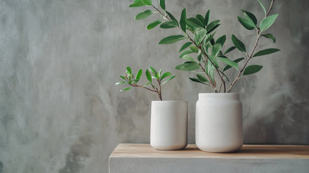 Two indoor plants with green leaves in white ceramic vases, placed on a wooden surface against a gray textured wall. The minimalist and natural design emphasizes simplicity and calm.の素材