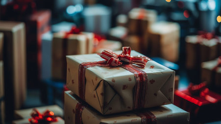 Close-up of gift boxes wrapped in festive paper and red ribbons, with other presents blurred in the background, evoking a celebratory and holiday mood.の素材