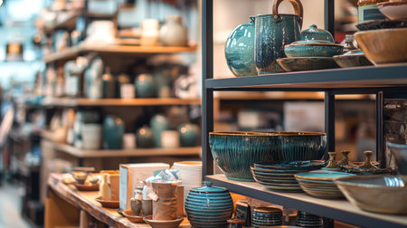 An inviting store display of ceramic pottery including bowls, cups, and vases, bathed in natural light, showcasing artisanal craftsmanship in a retail environment.の素材