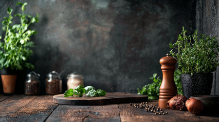 A rustic kitchen scene with fresh herbs, spices, and a wooden pepper grinder on a dark wooden table, evoking a homely and organic atmosphere in a cooking environment.の素材