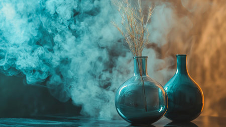 Two blue vases with dry plants, surrounded by a dramatic blue and orange smoke effect, creating a moody and artistic still life composition with vibrant contrasts.の素材