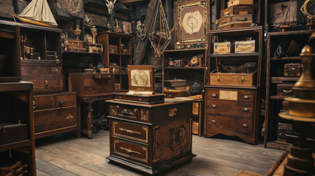 A vintage room filled with antique wooden furniture, including chests, drawers, and intricate decor items, evoking a sense of nostalgia and historical charm.の素材