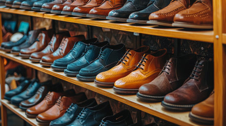 A collection of stylish leather shoes neatly arranged on wooden shelves in a store, showcasing men's footwear in different colors and designs.の素材
