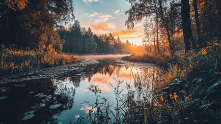A serene river reflecting trees and soft sunlight at sunrise, symbolizing peace, tranquility, and the beauty of nature. Ideal for themes of nature, landscapes, and calm mornings.の素材