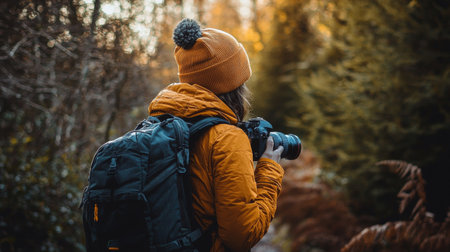 A nature photographer with a backpack and camera, standing outdoors in a forest, capturing the beauty of autumn landscapes. Perfect for themes of travel, photography, and outdoor adventure.の素材