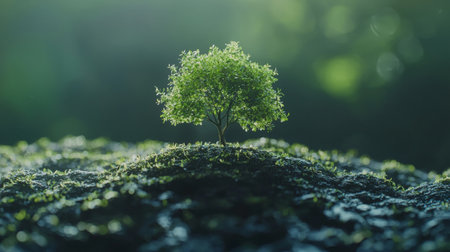A small tree growing in a soft green environment, symbolizing nature, growth, and sustainability. Ideal for themes of ecology, environmental care, and peaceful landscapes.の素材