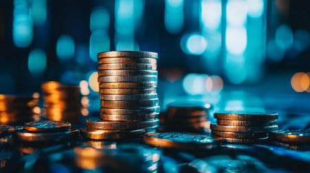 A stack of coins illuminated by glowing lights in a dark environment, representing finance, savings, and economic growth.の素材