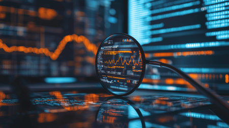 A magnifying glass highlighting financial data charts on a screen, symbolizing analysis, investigation, and precision in stock market trends and business intelligence.の素材