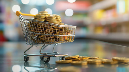 A lively shopping cart brimming with shiny gold coins, representing diverse finance and investment ideasの素材