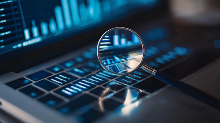 Magnifying glass placed on a laptop keyboard with financial data charts in the background, symbolizing detailed analysis, focus, and data scrutiny.の素材