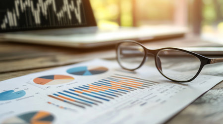 A pair of glasses placed on top of financial documents with colorful charts and graphs, symbolizing data analysis, finance, and business planning.の素材