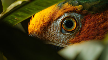 A close-up shot of a parrot's vibrant eye peeking through lush green foliage, showcasing nature, wildlife, and the beauty of exotic birds in a tropical environment.の素材