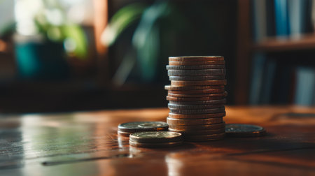 A neatly stacked pile of coins on a wooden table in a warm-lit room, symbolizing financial savings, investment, and wealth accumulation.の素材