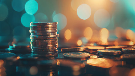 A close-up of a stack of coins with bokeh lights in the background, symbolizing wealth, savings, and financial growth in a bright and optimistic financial concept.の素材
