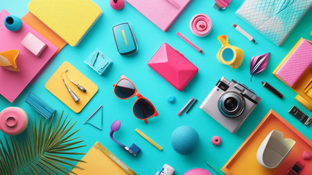A colorful flat-lay arrangement of trendy items including sunglasses, camera, and various accessories on a vibrant turquoise background, symbolizing modern style, fashion, and creative design.の素材