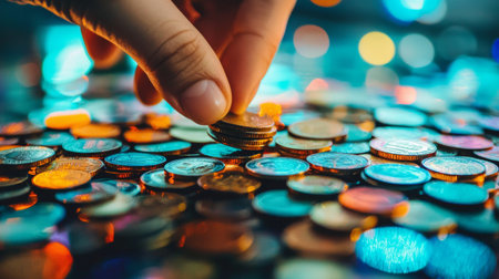 A close-up shot of a hand picking up coins against a colorful bokeh background, symbolizing money, savings, and finance. Perfect for financial, business, and savings concepts.の素材