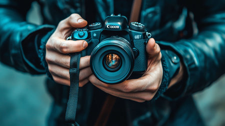 A talented photographer is showcasing his professional DSLR camera, fully prepared to capture stunning urban momentsの素材