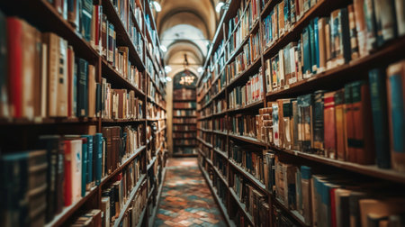 A serene view of long aisles filled with neatly arranged books in a library, creating a peaceful environment ideal for reading and studying.の素材
