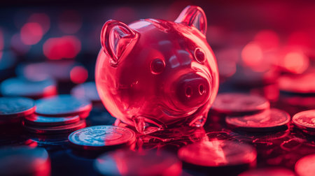 A red glass piggy bank surrounded by coins, set in dramatic lighting, symbolizing savings, finance, and the concept of wealth accumulation.の素材