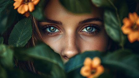 Close-up of a woman's eyes peering through green leaves with orange flowers, symbolizing beauty, nature, connection to the environment, and serenity in a natural setting.の素材