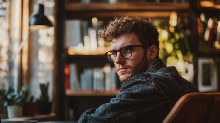 Portrait of a man with glasses sitting in a modern office environment, symbolizing professionalism, creativity, and focus in a business or working setting.の素材