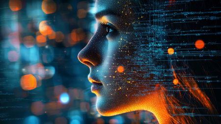 Abstract side profile of a woman overlaid with digital data and network connections, representing technology, artificial intelligence, and the digital transformation of human life.の素材