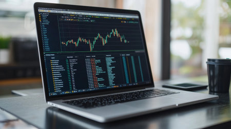 A laptop on a desk displaying detailed stock market data and financial analysis, representing business, finance, and investment in a professional environment.の素材