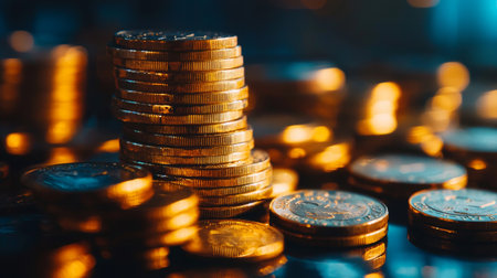 Stacks of gold coins glowing under soft light, symbolizing wealth, financial investment, savings, and economic growth in a luxurious setting.の素材