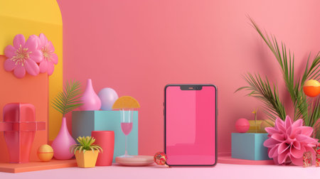 A colorful 3D phone mockup displayed in a vibrant setting with geometric shapes and tropical decor, ideal for product presentations and tech showcases.の素材