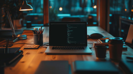 A cozy, dimly lit workspace with a laptop displaying coding lines, along with a warm desk lamp, creating a comfortable atmosphere for working on programming and tech projects.の素材