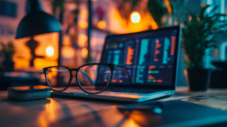 Close-up of eyeglasses on a table next to a laptop displaying code, set in a warm, cozy workspace with ambient lighting for a focused atmosphere.の素材