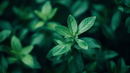 Vibrant close-up of lush green leaves against a dark, blurred background, symbolizing nature, freshness, and tranquility.の素材